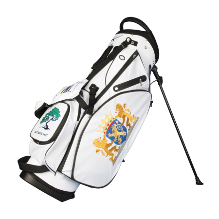 Custom stitched golf bag / stand bag in white. 3 custom areas. Waterproof.